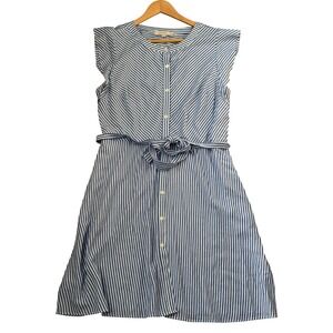 LOFT Blue White Striped Sleeveless Button Down Shirt Dress Size 16 Belted Rayon